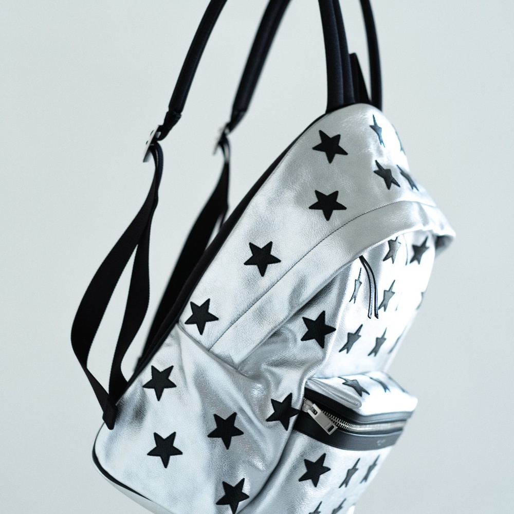 SAINT LAURENT Black STAR Silver Leather Backpack